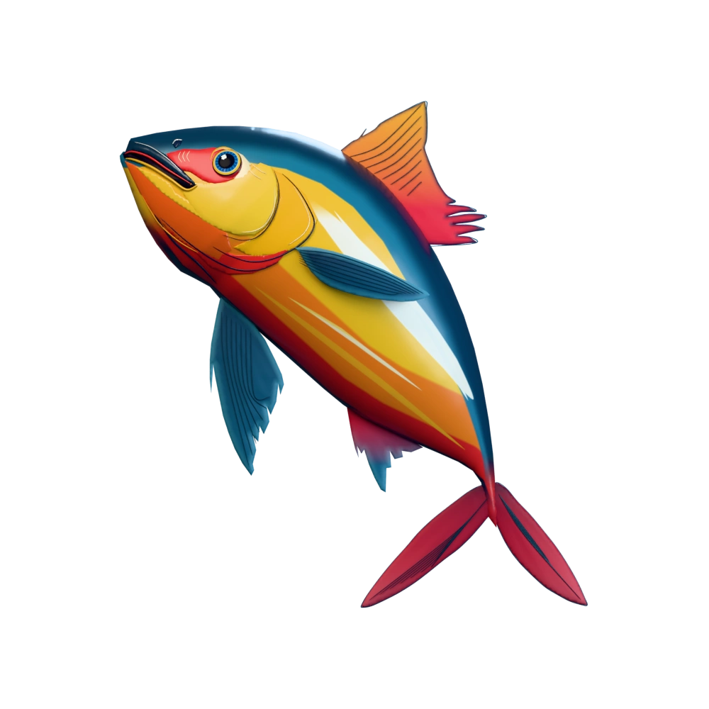 A sculpted 3D tuna with a navy back, golden body and vermilion fins, inspired by the DongwonTTuna illustration.